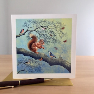 Red Squirrel blank greeting card, Woodland inspired square note let, Thinking of you greeting card