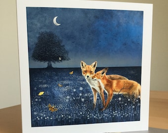 Moonlight Foxes Greeting Card: Anniversary Card with Silver Envelope