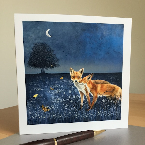 Moonlight Foxes, square greeting card, blank card, Valentines card, special couple, anniversary,