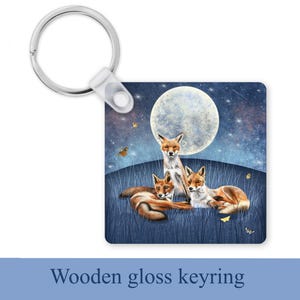 Fox cub Keyring, Wooden square Keyring, Red fox gift, friendship gift