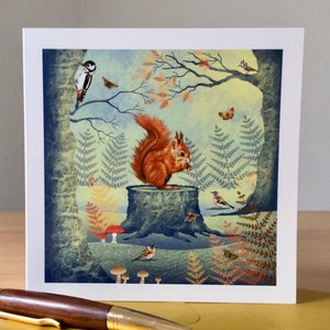 Red Squirrel blank square greeting card, Woodland inspired  note let