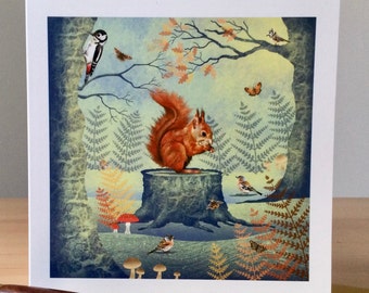 Red Squirrel blank square greeting card, Woodland inspired  note let