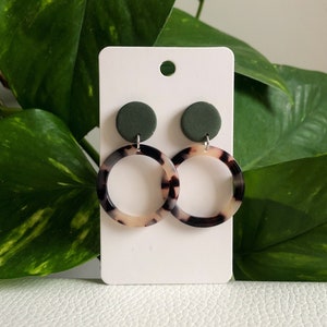 Green Khaki Tortoiseshell Earrings Fitted with Stainless Steel Hypoallergenic Posts - Hoop Earrings - Minimalist Circle Hoop Polymer Clay