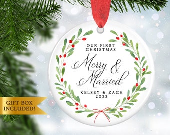 FIRST CHRISTMAS MERRY & Married Ornament, Personalized "Our First Christmas Merry And Married" 2022 Wedding Mistletoe Ornament for Couples