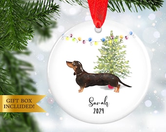 Dachshund Ornament - Personalized Dachshund Christmas Ornament for Dog Lovers - 2024 Brown and Black Dachshund Ornament with Name 2024
