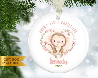 BABY'S FIRST CHRISTMAS Adorable Monkey Ornament for Girls, "Baby's First Christmas" 2022 Personalized Ceramic Ornament with Cute Pink Monkey