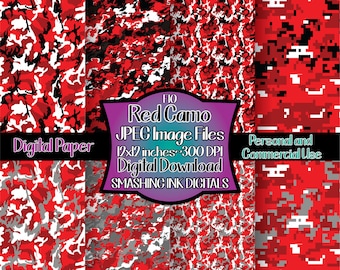 レッドカモフラージュデジタルペーパー/デジタル背景8枚セット/デジタルパターン/印刷可能な背景/スクラップブックパターン/商用利用
