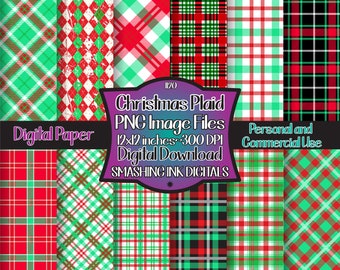 Christmas Plaid Digital Paper/Plaid Set of 12 Digital Backgrounds/Digital Patterns/Printable Backgrounds/Scrapbook Patterns/Commercial Use