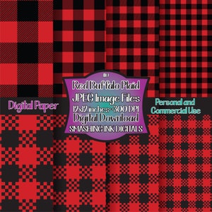 Red Buffalo Plaid Digital Paper/ Set of 8 Digital Backgrounds/Digital Patterns/Printable Backgrounds/Scrapbook Patterns/Commercial Use
