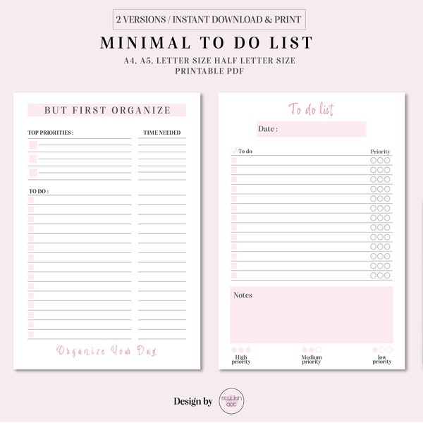 Minimal 2 versions To Do List pink, easy to use, simple Tasks List for  productivity. Be organised. 4 sizes A4, A5, Letter size, Half letter