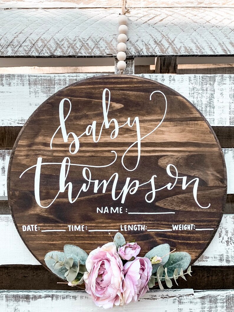 Baby hospital door hanger baby announcement sign wood round Etsy