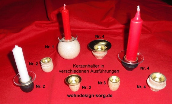 Kerzenhalter Holz, Kerzentuellen, Glasmanschetten, Tropfenfaenger, Kerzentülle
