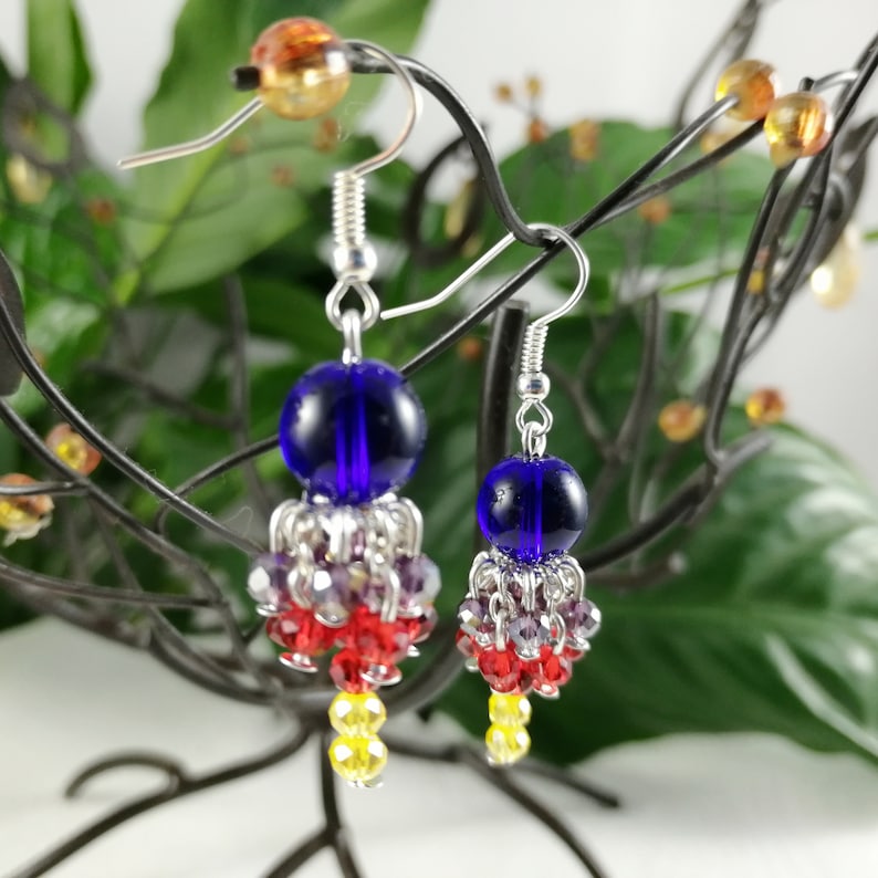 freedom Rainbow colorful jewelry Woman gift idea Glass Beads and Faceted Pearls Unique model Rainbow Beaded Cluster Earrings