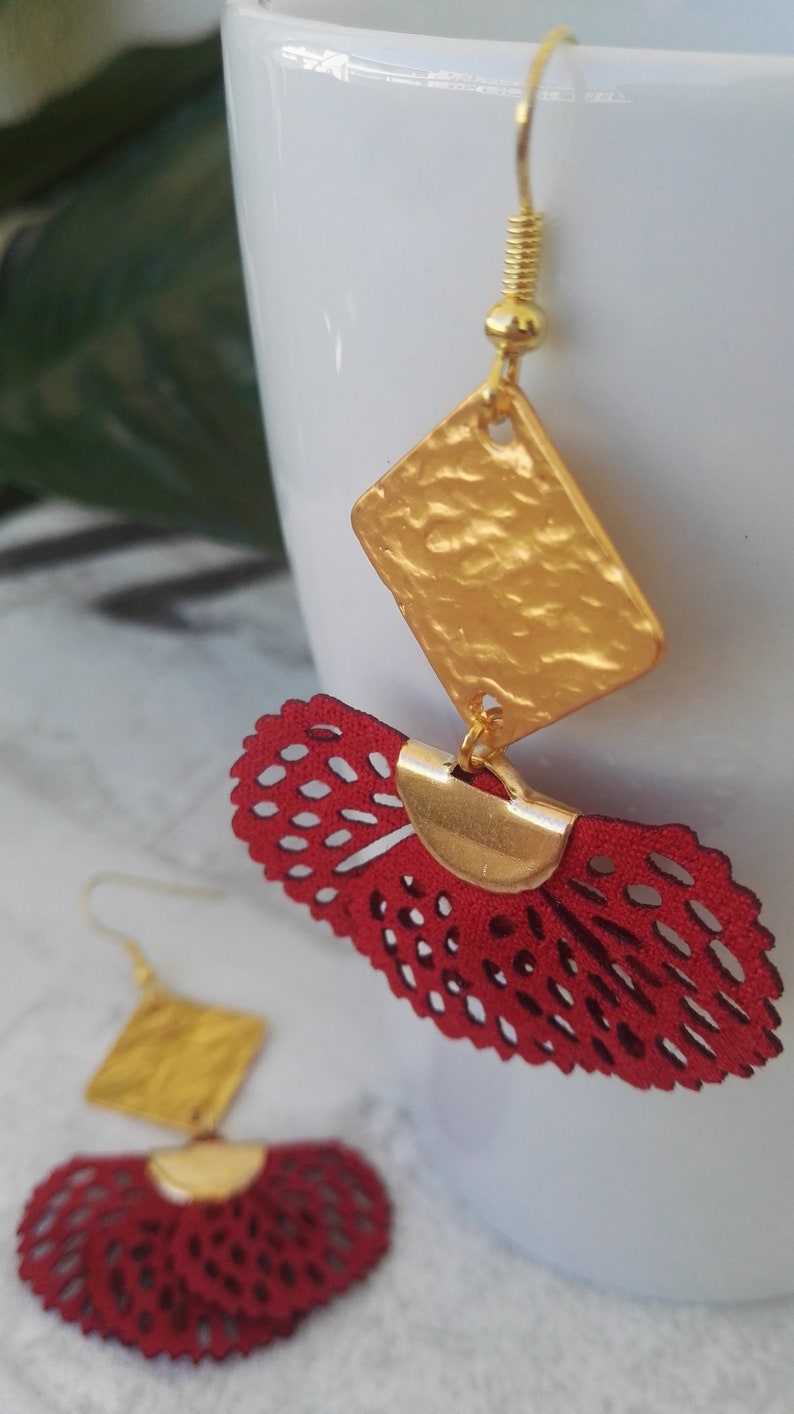 Red peacock tassel earrings in openwork fabric Woman or Teen Gift Idea Bohemian Elegance Spanish style