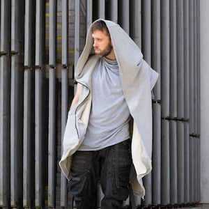 Arakion Men's Sleeveless Asymmetric Zip Up Hoodie Grey, Dystopian Post-Apocalyptic Aesthetic, Cyberpunk, Techwear, Avant Garde, Futuristic