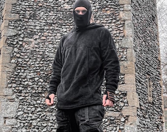 Furion Men's Oversized Fluffy Fleece Hoodie with Thumbholes in Black, Cosy, Winter, Techwear, Darkwear