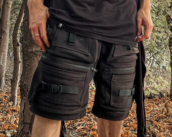Bespoke techwear shorts, handmade avant garde style with 12 pockets webbing buckles and attatchable features, summer mens stylish black