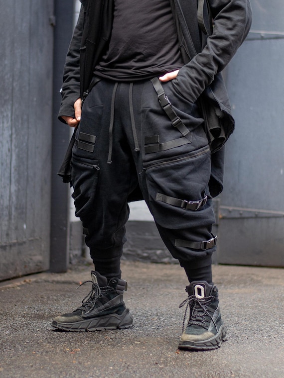 Zye Men's Drop Crotch Joggers With Buckles, Futuristic Techwear