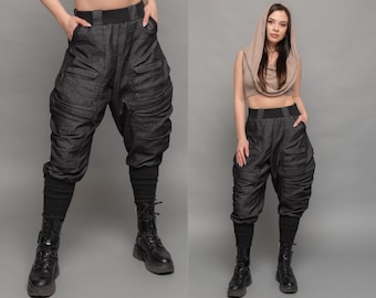 Rune - Dames Drop Crotch Cargos, ontspannen cargobroeken met extra grote zakken, streetwear dames cargobroeken, cyberpunk cargobroeken, Techwear broeken