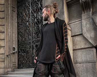 Raider Men's Avant Garde T-Shirt with Thumbholes, Alternative Festival Top - Black with Orange Stitch