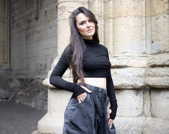 Xina Damen Rollkragen Crop Top mit Daumenlöchern, Avantgarde Bambus T-Shirt, Festival, Techwear