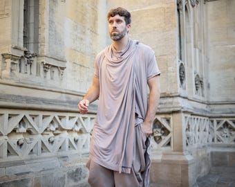 Shadow - Asymmetrisk lång kappa med huva, avantgardistisk ärmlös draperad kofta, futuristisk festivaltopp - taupe