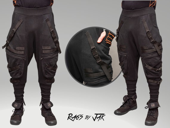 Heavyweight Mens baggy cargo drop crotch Joggers with buckles and straps. 500gsm French terry Cotton. Heavyduty Techwear style, Plus size