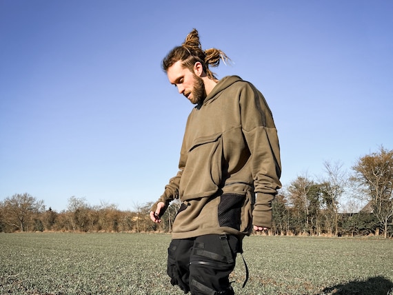 Colossus Mens Tactical Oversized Pullover Hoodie With 8 Pocket Design Thumbholes and Strap Detail. Army Green Avant Garde Techwear Style Etsy