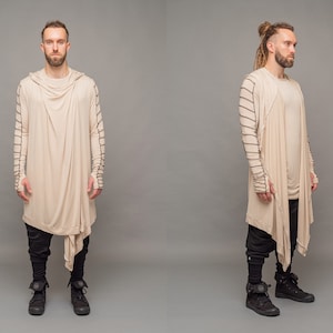 Shadow - Asymmetric Avant Garde Sand Hooded Cloak, Longline Cape, Sleeveless Futuristic Draped Cardigan, Bamboo Jersey, Wooden Button