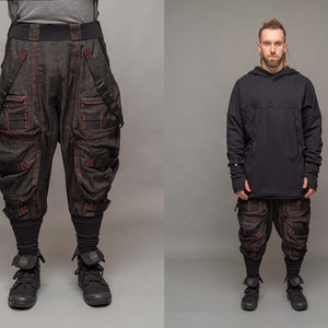 KRAKEN - Denim cargo pants trousers, Durable Avant garde, techwear style with straps, metal buckles and contrast stitching, Plus sizes.