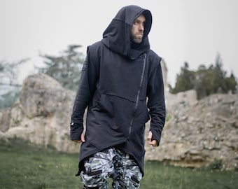 Arakion Men’s Asymmetric Zip Up Hoodie with Thumbholes, Avant Garde Techwear Longline Jacket - Black
