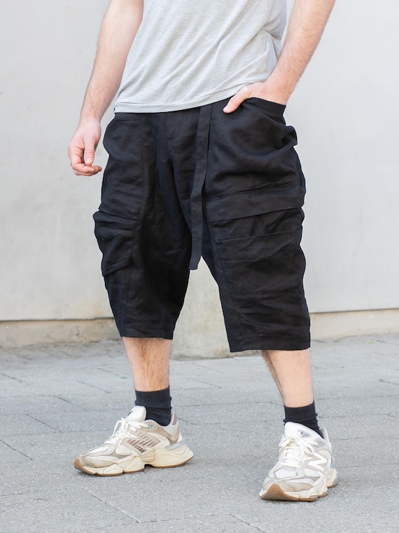 Rhidian Men's Linen Drop Crotch Shorts With Oversized Zipped