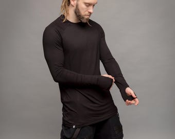Fusion Men's Longline T-Shirt with Thumbholes, Slimline Bamboo Top in Black, Techwear, Avant Garde