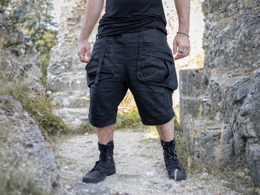 Zyrex Men's Linen Drop Crotch Cargo Shorts, 8-pocket Luxury