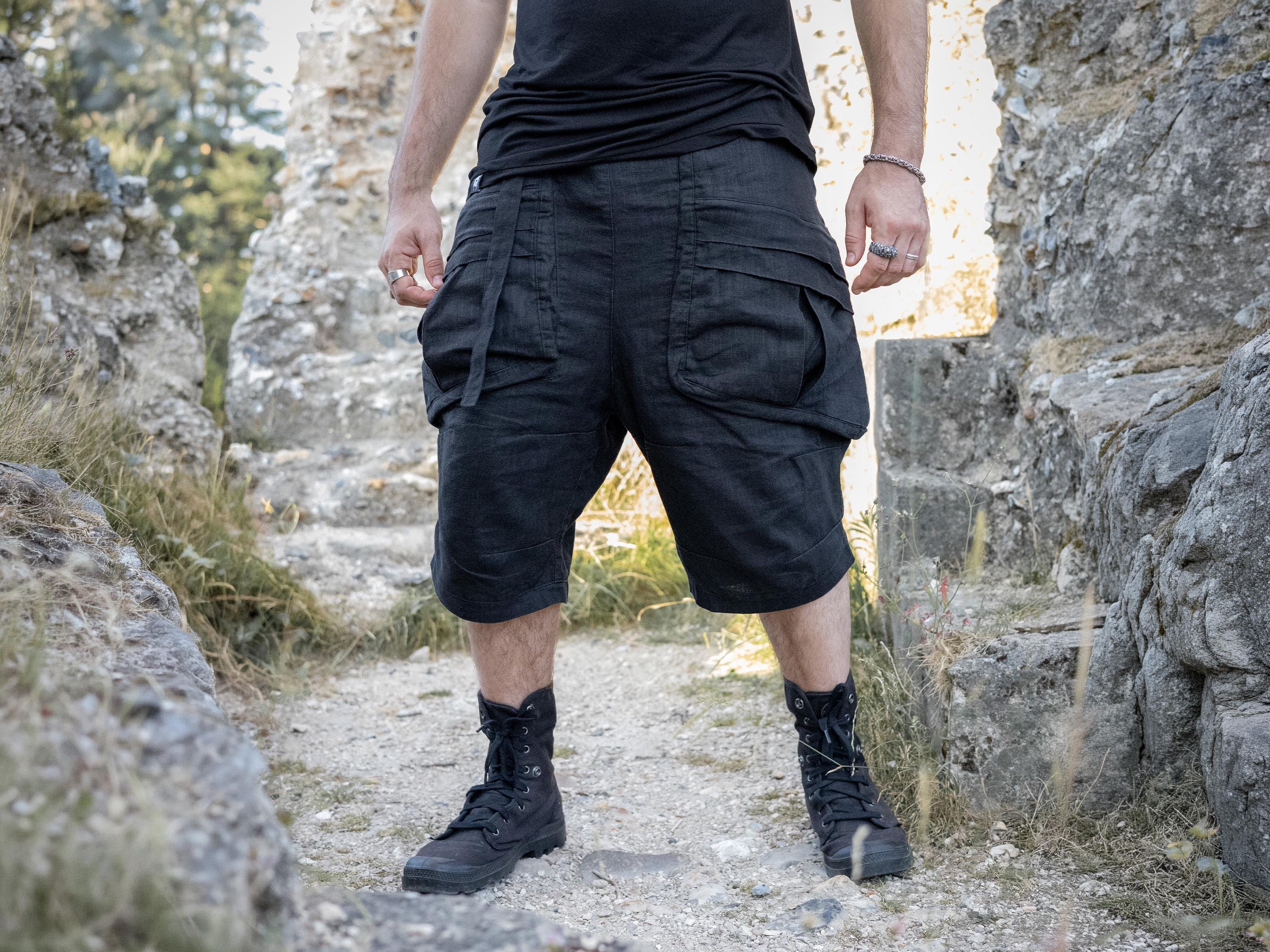 Zyrex Men's Linen Drop Crotch Cargo Shorts, 8-pocket Luxury