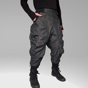 ONYX - Mens Denim Heavyweight cargo drop crotch pants trousers, techwear cyberpunk style with large zipped pockets, burning man, plus size