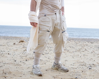 Desert Warlock Men's Linen Cargo Pants with 10 Pockets in Sand, Dune, Techwear, Designer Streetwear