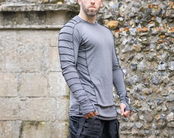 Raider Men's Avant Garde T-Shirt with Thumbholes, Alternative Festival Top - Charcoal with Black Stitch