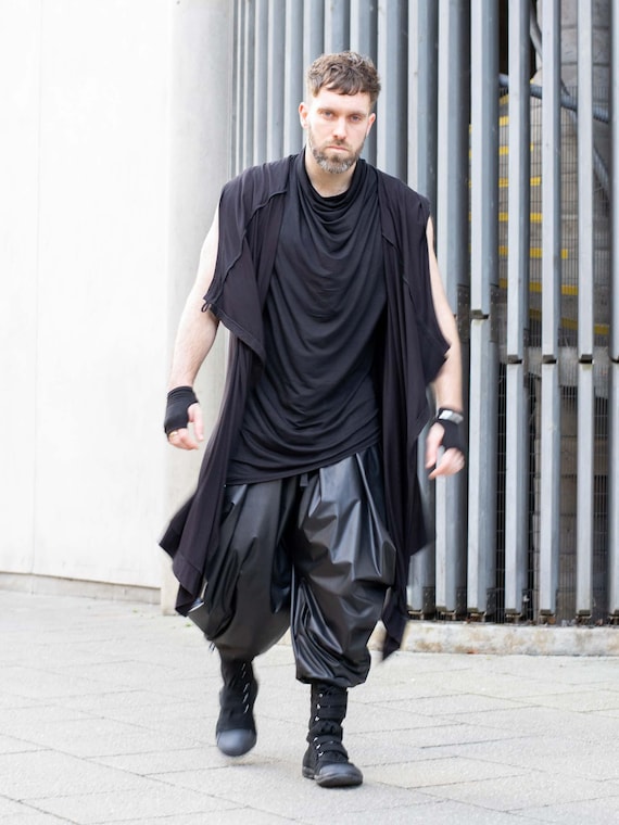 Hattori Men's Faux Leather Ninja Pants, Drop Crotch Avant Garde