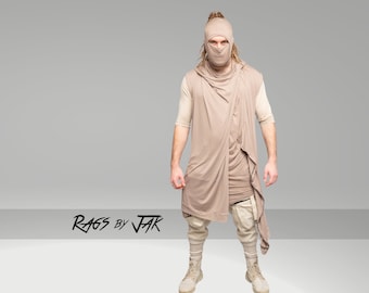 Shadow Men's Asymmetric Bamboo Hooded Cloak, Avant Garde Draped Cardigan - Taupe