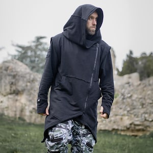 Arakion Men's Asymmetric Zip Up Hoodie with Thumbholes, Dystopian Post-Apocalyptic Aesthetic, Cyberpunk, Techwear, Avant Garde, Futuristic