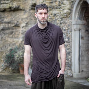 Krypt Men's Asymmetric Draped T-Shirt, Longline Short Sleeve Top, Avant Garde Bamboo Ninja Shirt in Dark Umber