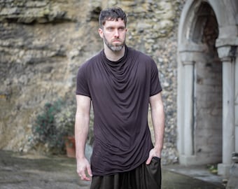 Krypt Men's Asymmetric Draped T-Shirt, Longline Short Sleeve Top, Avant Garde Bamboo Ninja Shirt in Dark Umber