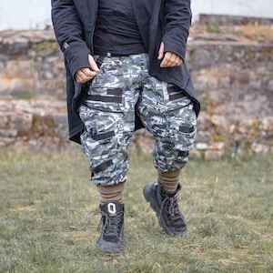 Stealth - Mens denim cargo pants trousers, army camo glitch print. Handmade avant garde structured techwear design, large pockets, plus size