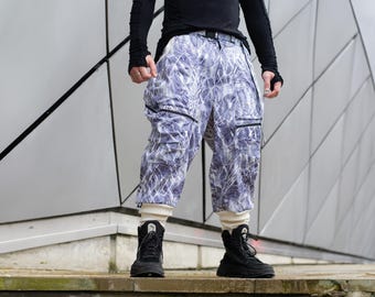 Poseidon Men's Streetwear Drop Crotch Cargos, Alternative Festival Cargo Pants with Abstract Print