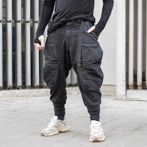 Warlock - Mens Heavyweight denim cargo pants trousers, Structured durable design, techwear style with large zipped pockets, plus size