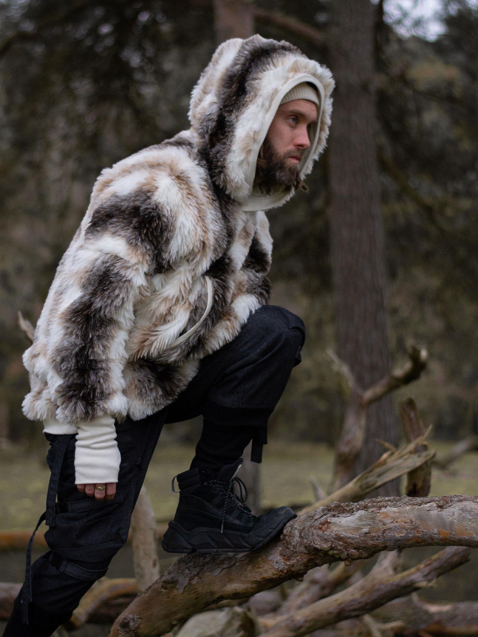 Lycerian Men's Faux Fur Oversized Hoodie - Fluffy Winter Coat With
