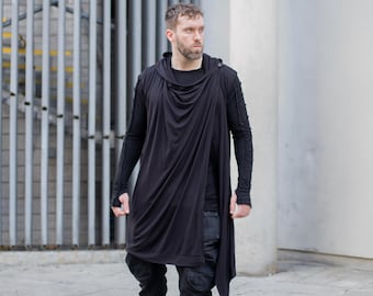 Shadow - Asymmetric Avant Garde Black Hooded Cloak, Longline Cape, Sleeveless Futuristic Draped Cardigan, Bamboo Jersey, Wooden Button