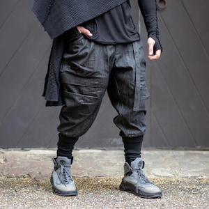 Rhidian - Pantalones cargo de mezclilla utilitarios para hombre, pantalones técnicos de tiro caído con bolsillos con cremallera