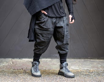 Rhidian - Men's Utility Denim Cargo Pants, Drop Crotch Techwear Trousers with Zipper Pockets